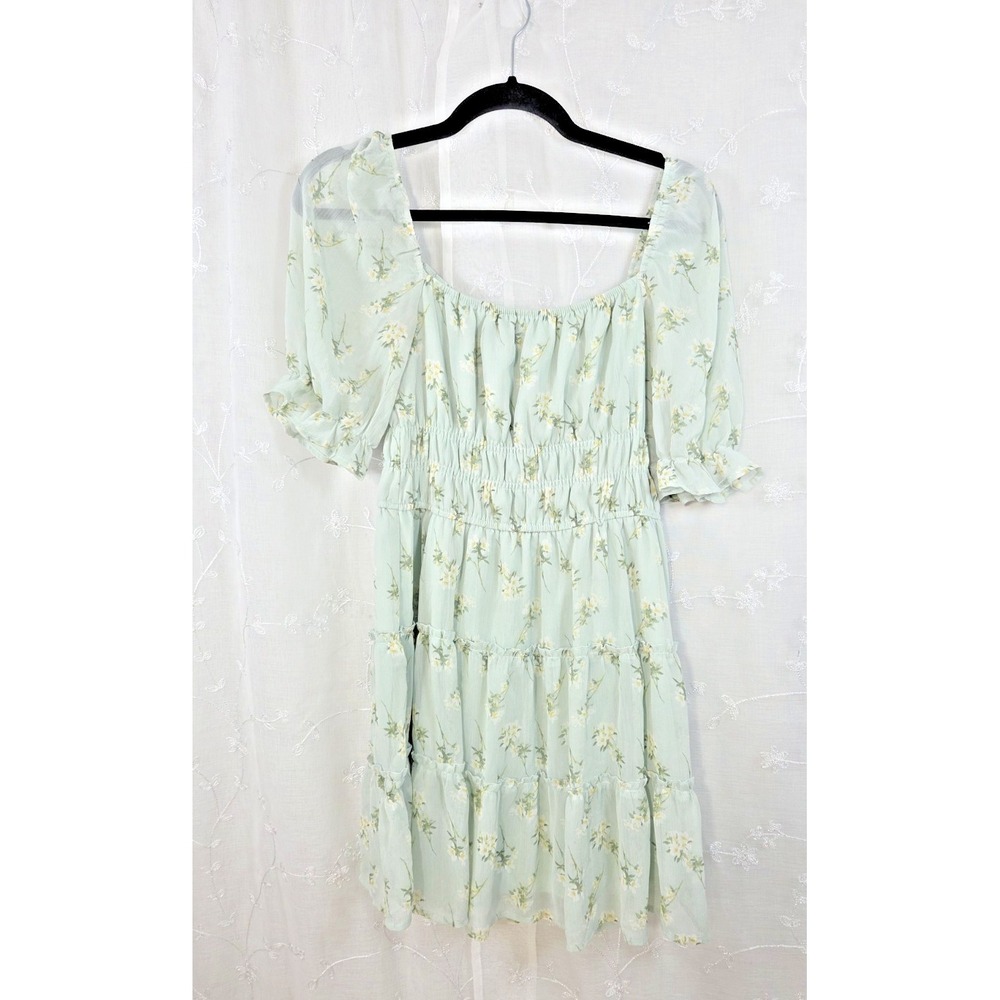 Trixxi Soft Sage Green Floral Sheer‎ Ruffled Smocked Dress Med  Cottagecore Hobo